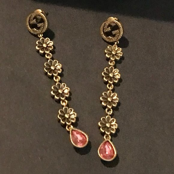 Gucci GG Marmont Pink Daisy Drop Earrings Silver 925 Aged Gold Finish GORGEOUS! - Picture 2 of 16